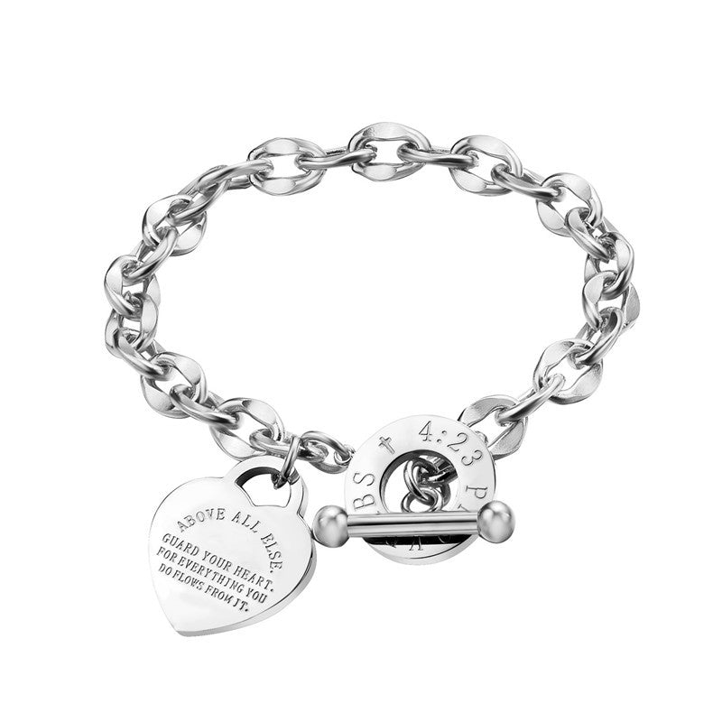Engraved Stainless Steel Heart Shaped Christian Biblical Verse Bracelet, Proverbs 4:23 | Budget2Beauty