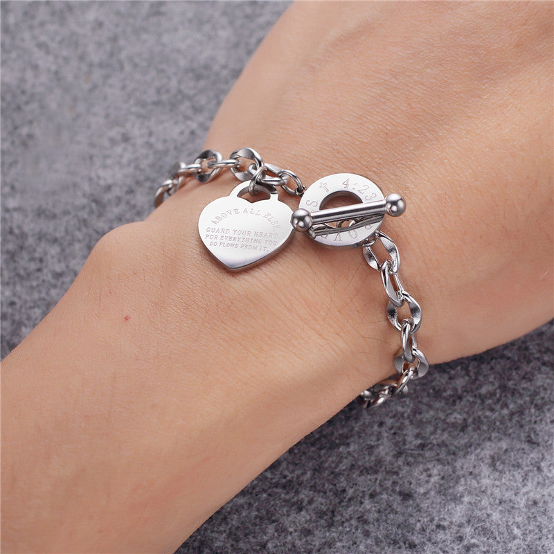 Engraved Stainless Steel Heart Shaped Christian Biblical Verse Bracelet, Proverbs 4:23 | Budget2Beauty