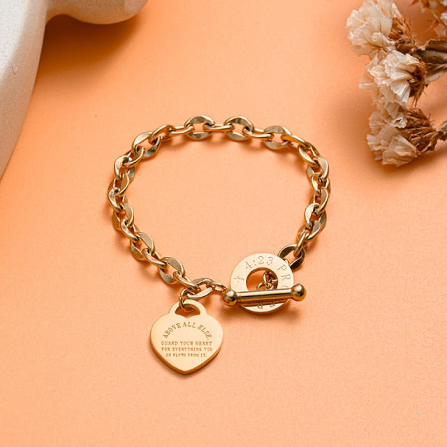 Engraved Stainless Steel Heart Shaped Christian Biblical Verse Bracelet, Proverbs 4:23 | Budget2Beauty