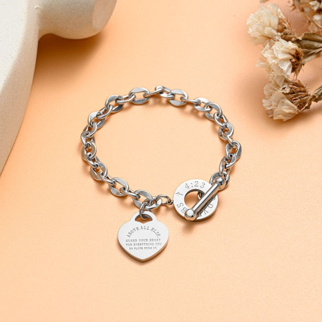 Engraved Stainless Steel Heart Shaped Christian Biblical Verse Bracelet, Proverbs 4:23 | Budget2Beauty